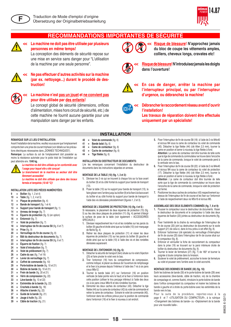 Recommandations importantes de sécurité, Installation | intimus POWER 14.87 User Manual | Page 18 / 68