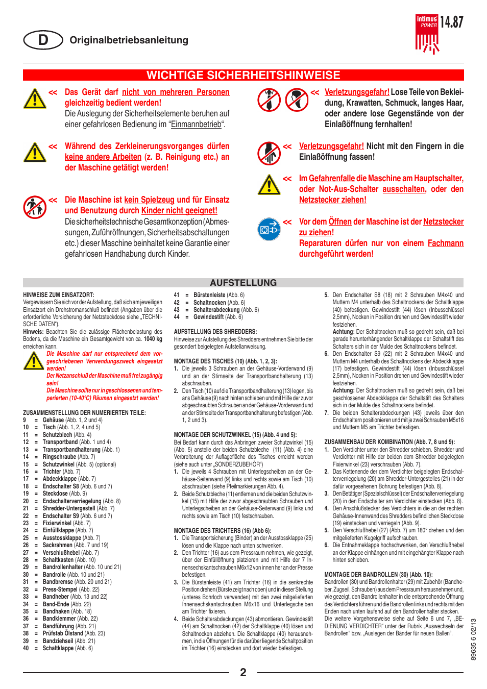 Wichtige sicherheitshinweise, Originalbetriebsanleitung, Aufstellung | intimus POWER 14.87 User Manual | Page 2 / 68