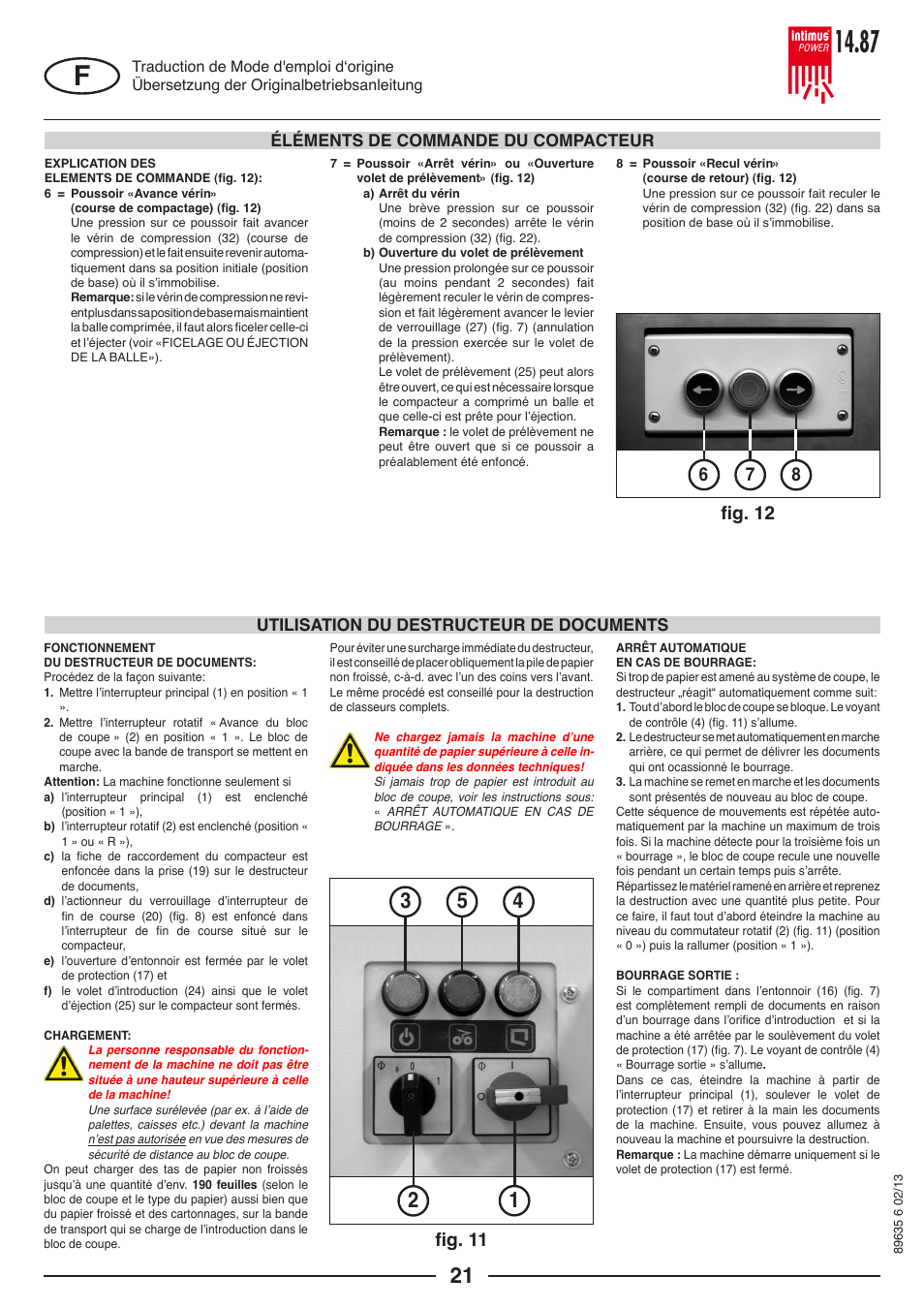 Fig. 11, Éléments de commande du compacteur, Utilisation du destructeur de documents | intimus POWER 14.87 User Manual | Page 21 / 68