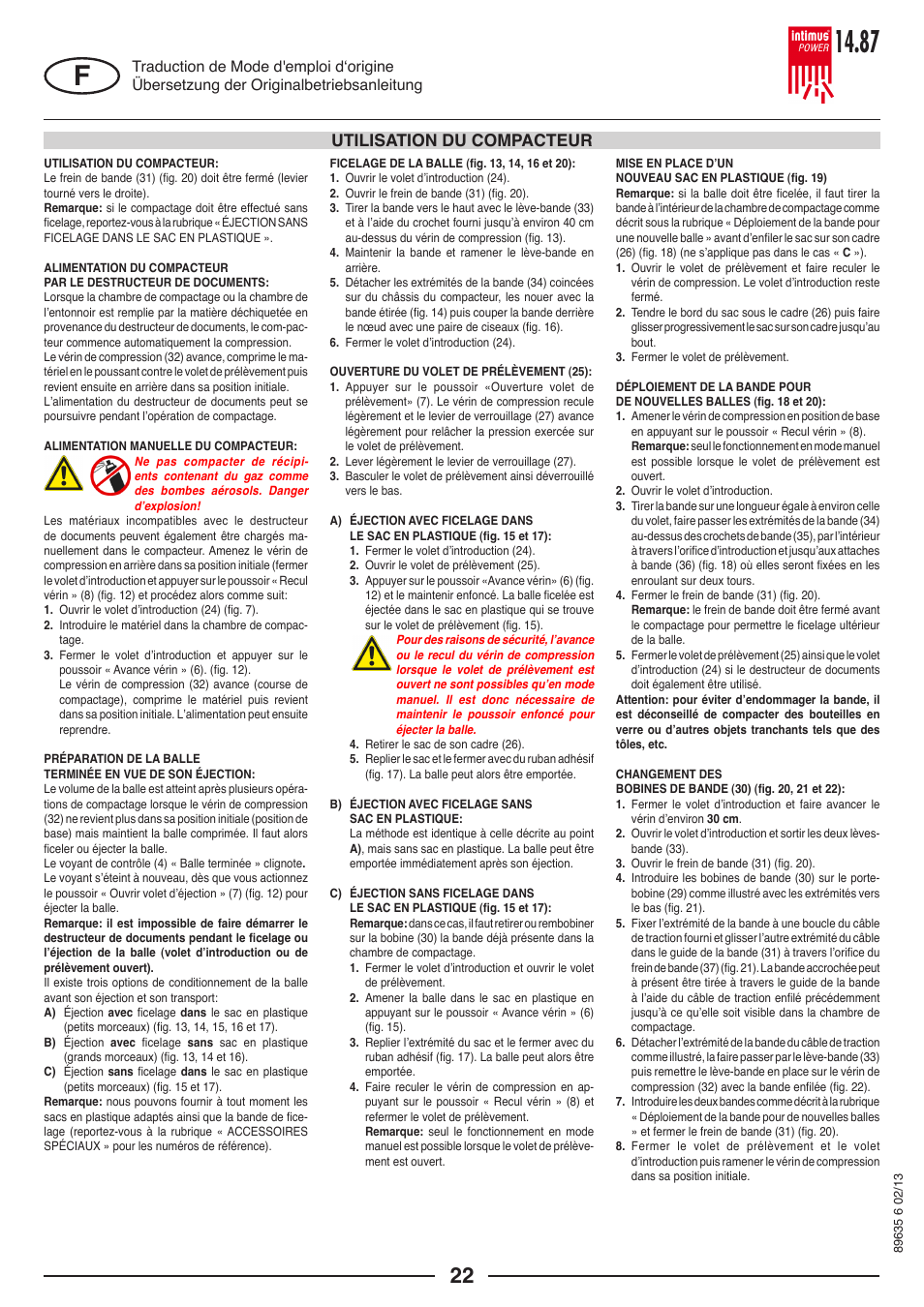 Utilisation du compacteur | intimus POWER 14.87 User Manual | Page 22 / 68