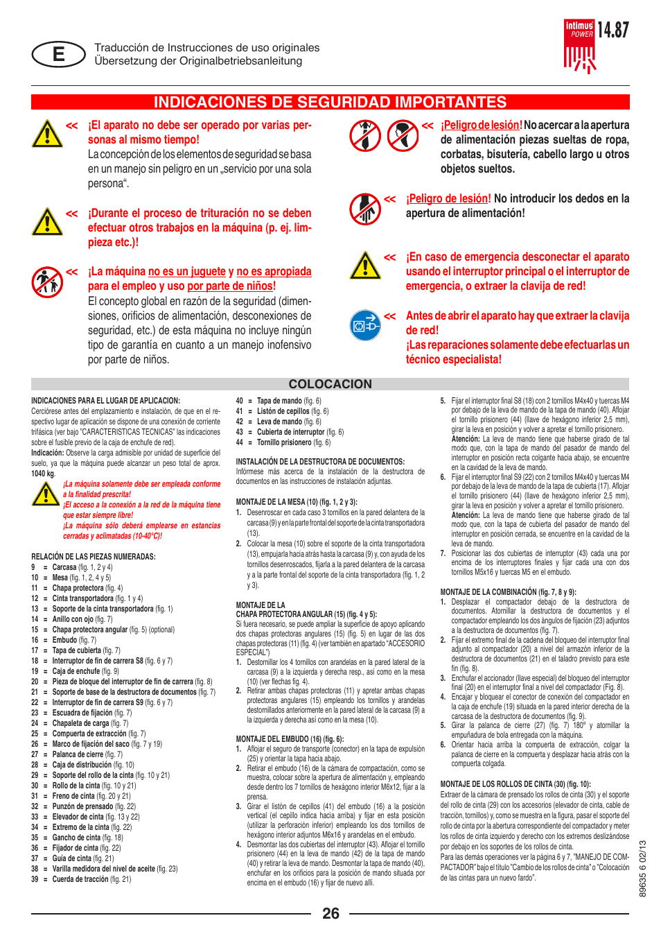 Indicaciones de seguridad importantes, Colocacion | intimus POWER 14.87 User Manual | Page 26 / 68