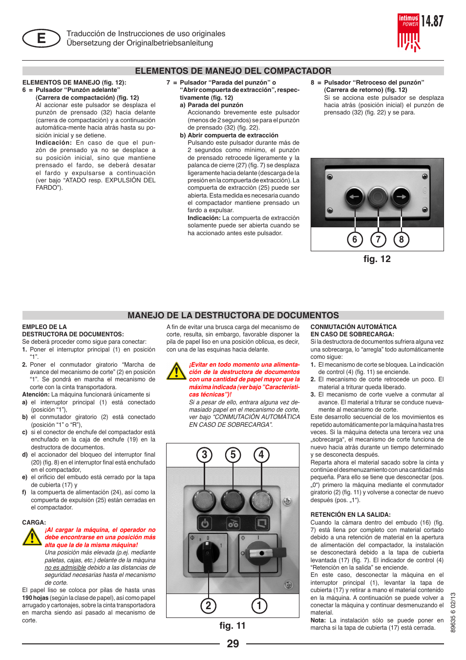 Fig. 11, Elementos de manejo del compactador, Manejo de la destructora de documentos | intimus POWER 14.87 User Manual | Page 29 / 68