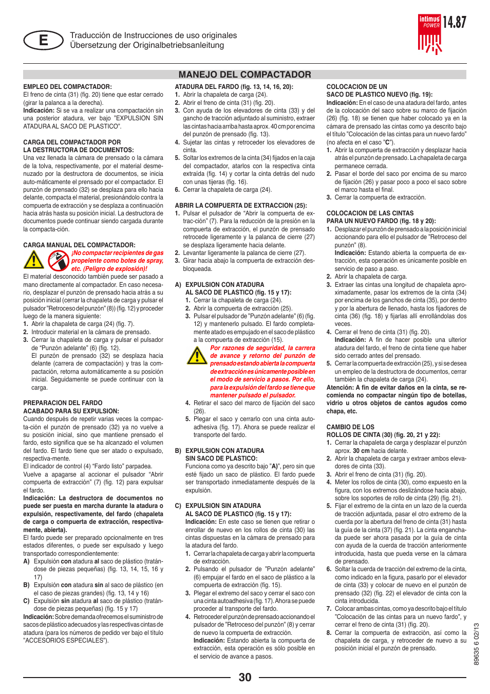 Manejo del compactador | intimus POWER 14.87 User Manual | Page 30 / 68