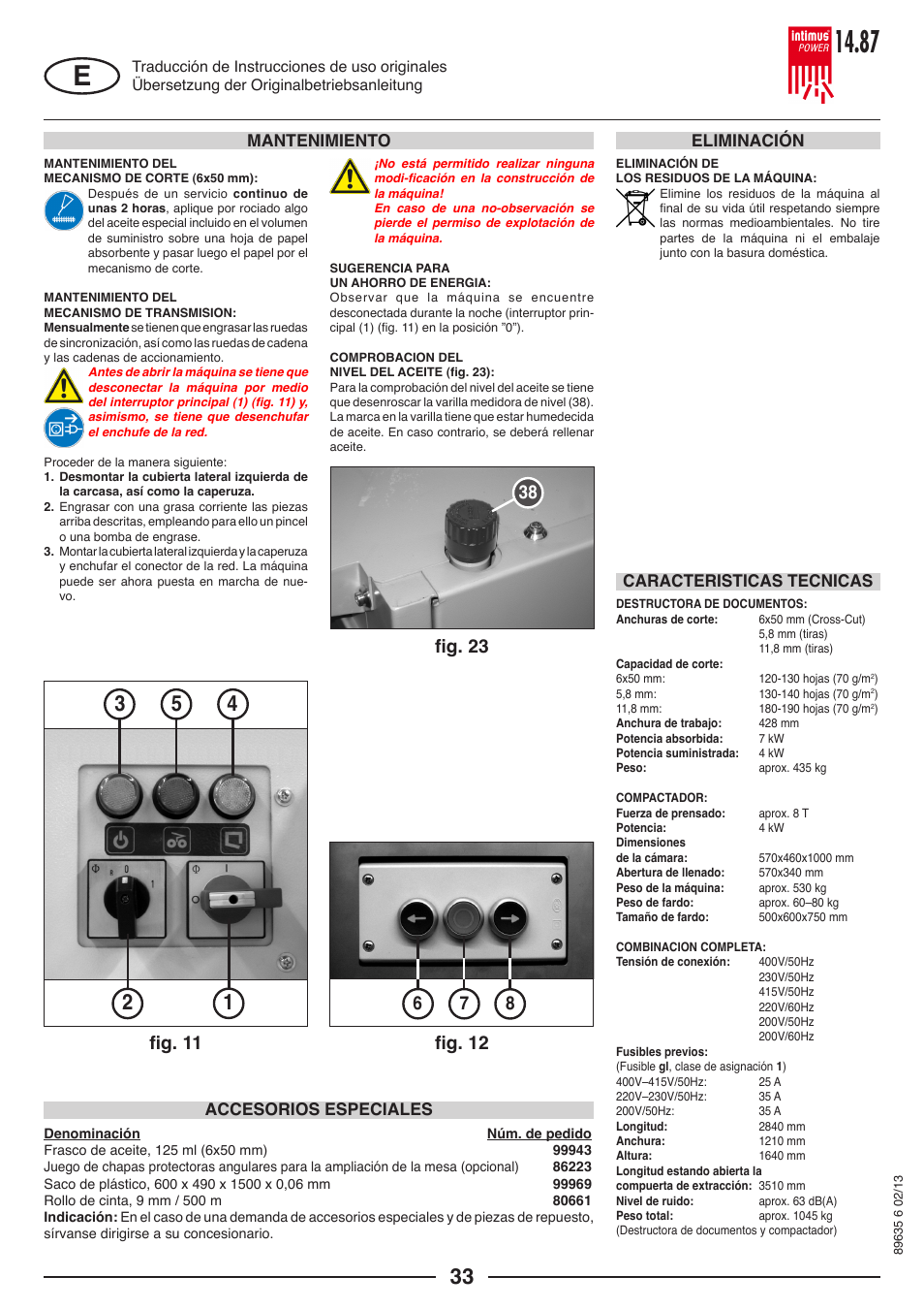 Eliminación | intimus POWER 14.87 User Manual | Page 33 / 68
