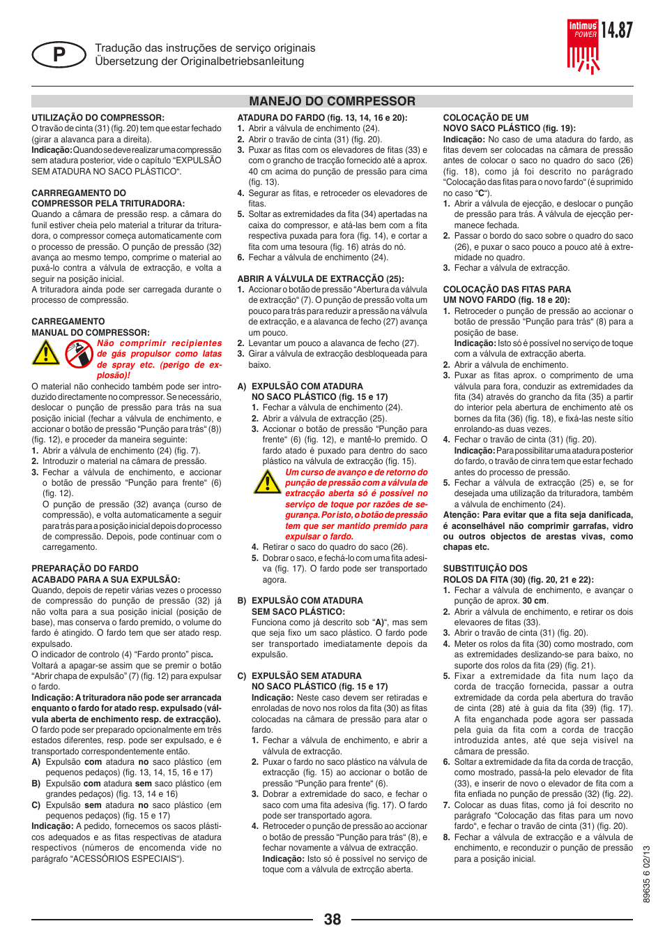 Manejo do comrpessor | intimus POWER 14.87 User Manual | Page 38 / 68