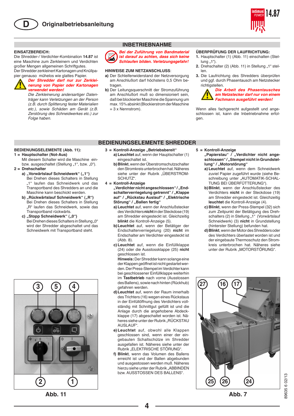 Abb. 11 abb. 7 originalbetriebsanleitung, Inbetriebnahme bedienungselemente shredder | intimus POWER 14.87 User Manual | Page 4 / 68