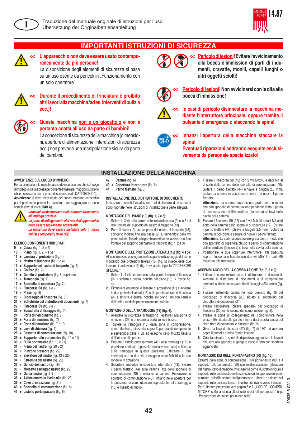 Importanti istruzioni di sicurezza, Installazione della macchina | intimus POWER 14.87 User Manual | Page 42 / 68