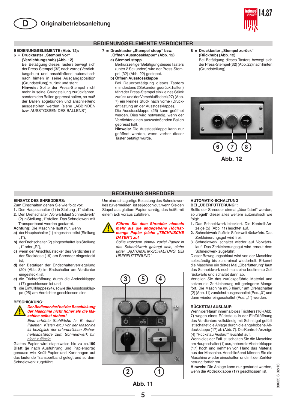 Abb. 11 abb. 12 originalbetriebsanleitung, Bedienungselemente verdichter, Bedienung shredder | intimus POWER 14.87 User Manual | Page 5 / 68