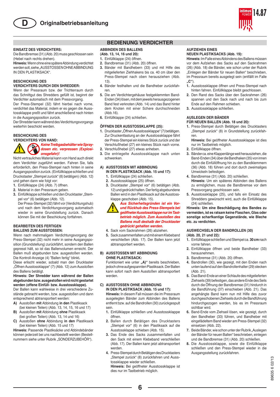 Originalbetriebsanleitung, Bedienung verdichter | intimus POWER 14.87 User Manual | Page 6 / 68