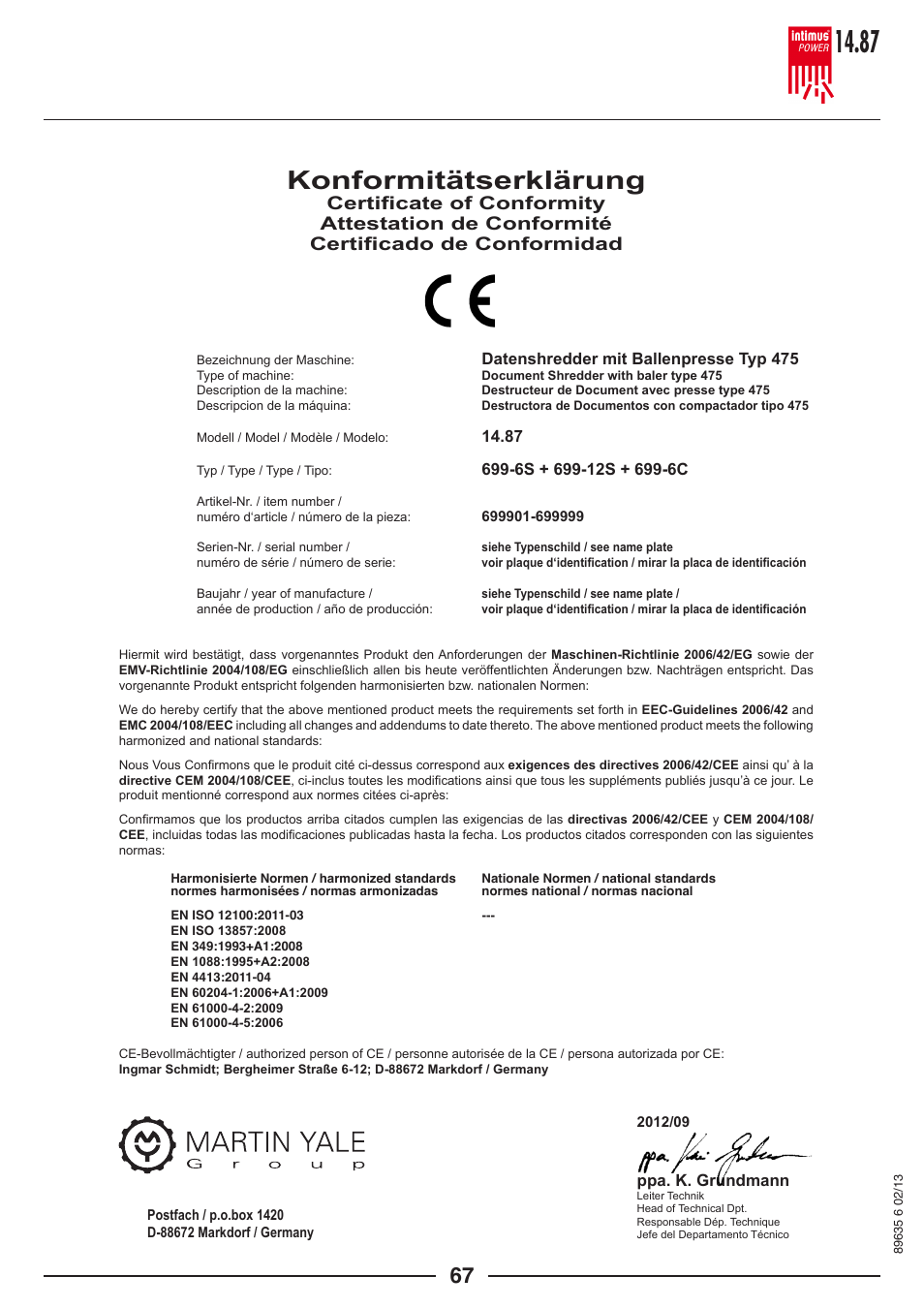Konformitätserklärung | intimus POWER 14.87 User Manual | Page 67 / 68