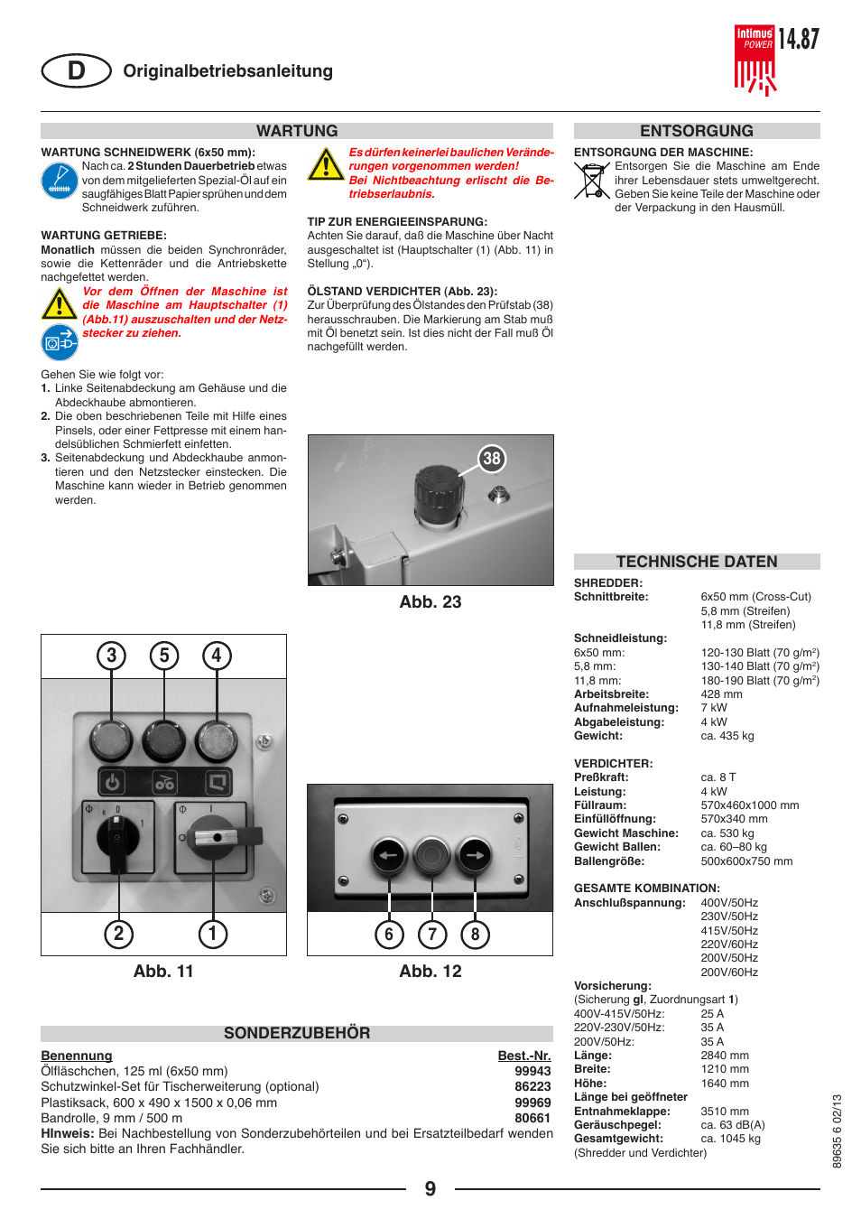 Wartung technische daten sonderzubehör, Entsorgung | intimus POWER 14.87 User Manual | Page 9 / 68
