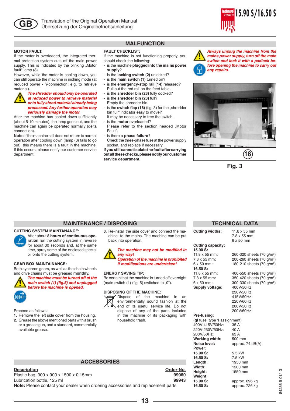 Fig. 3, Malfunction, Accessories technical data | Maintenance / disposing | intimus POWER 16.50 S User Manual | Page 13 / 48