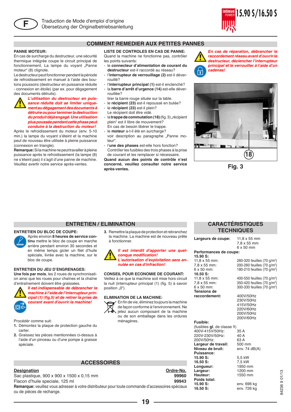 Fig. 3, Comment remedier aux petites pannes accessoires, Caractéristiques techniques | Entretien / elimination | intimus POWER 16.50 S User Manual | Page 19 / 48
