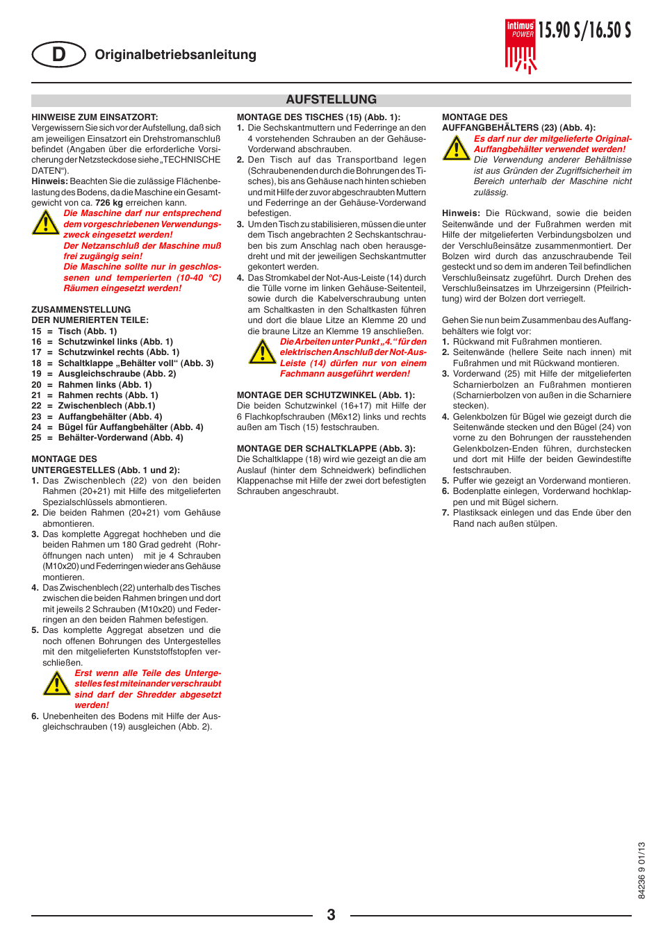 Originalbetriebsanleitung, Aufstellung | intimus POWER 16.50 S User Manual | Page 3 / 48