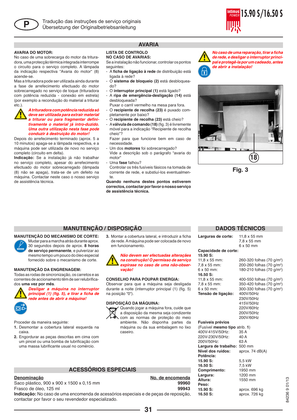 Fig. 3, Avaria manutenção / disposição dados técnicos, Acessórios especiais | intimus POWER 16.50 S User Manual | Page 31 / 48