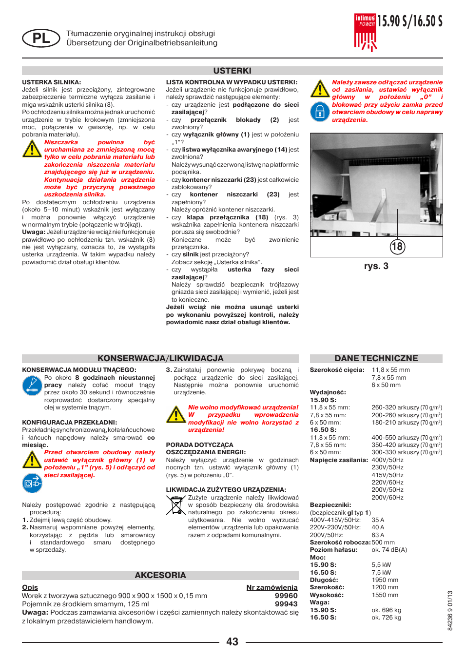 Rys. 3, Usterki konserwacja/likwidacja dane techniczne, Akcesoria | intimus POWER 16.50 S User Manual | Page 43 / 48