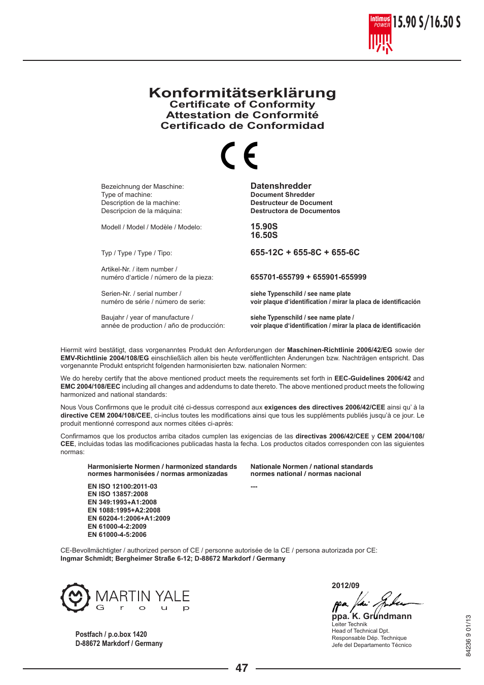 Konformitätserklärung | intimus POWER 16.50 S User Manual | Page 47 / 48