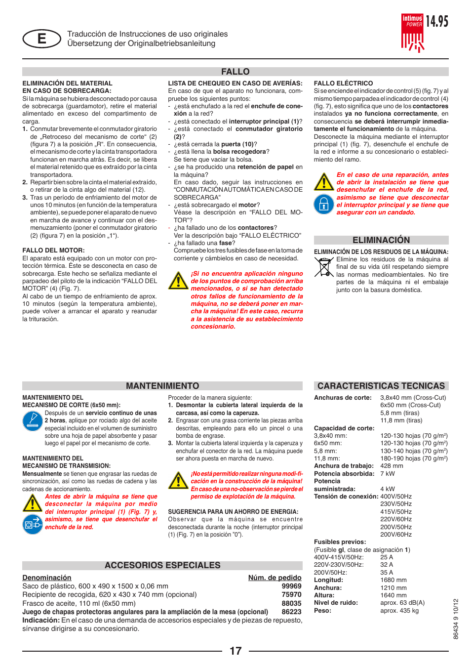 Fallo caracteristicas tecnicas mantenimiento, Accesorios especiales, Eliminación | intimus POWER 14.95 S User Manual | Page 17 / 36