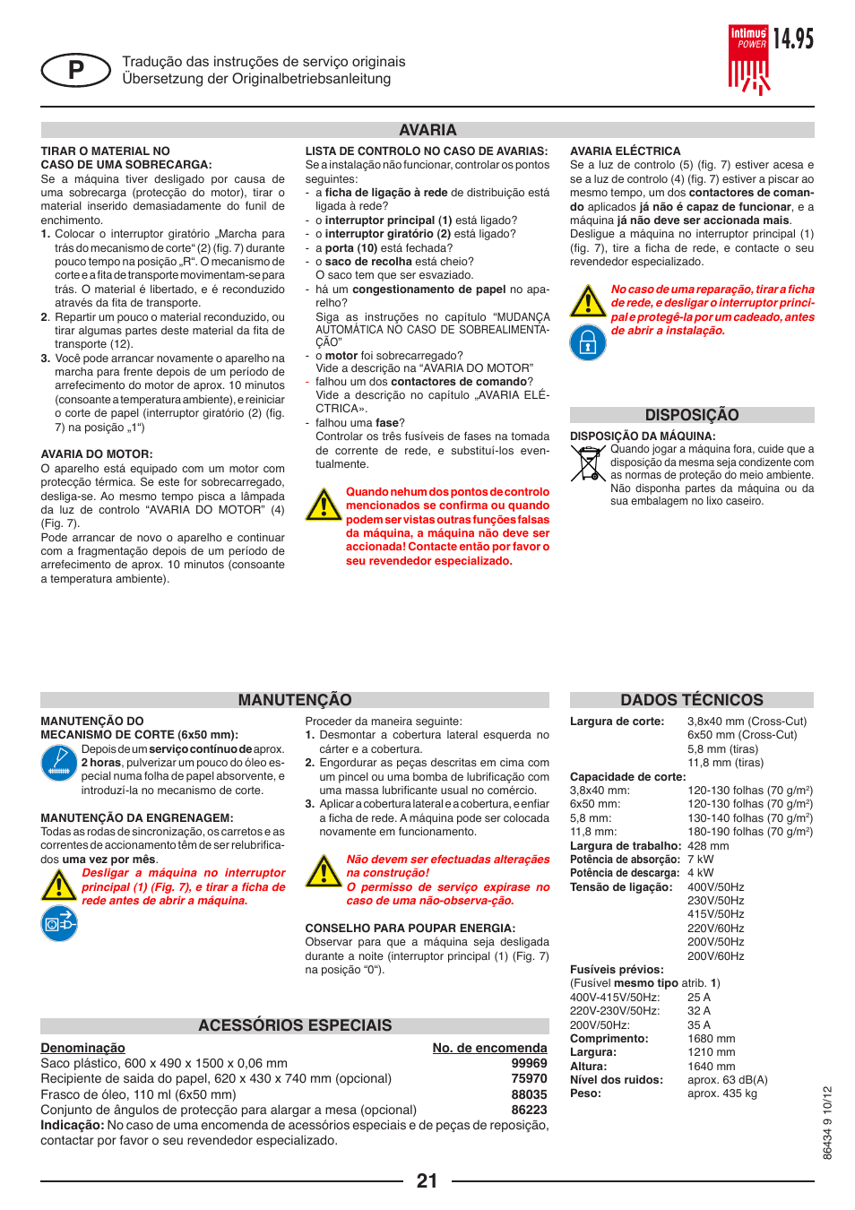 Avaria dados técnicos manutenção, Acessórios especiais, Disposição | intimus POWER 14.95 S User Manual | Page 21 / 36