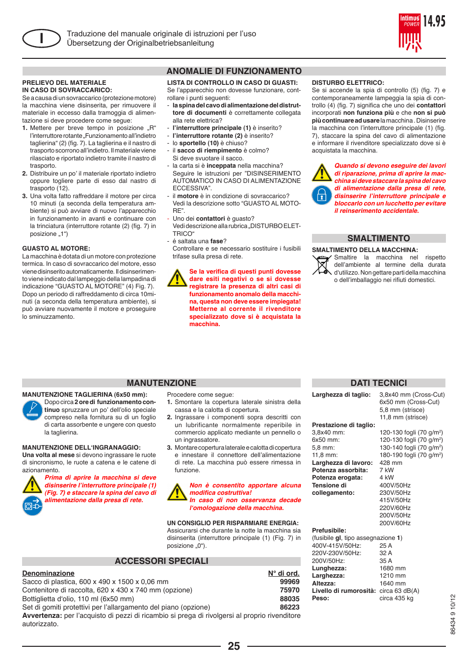 Accessori speciali, Smaltimento | intimus POWER 14.95 S User Manual | Page 25 / 36