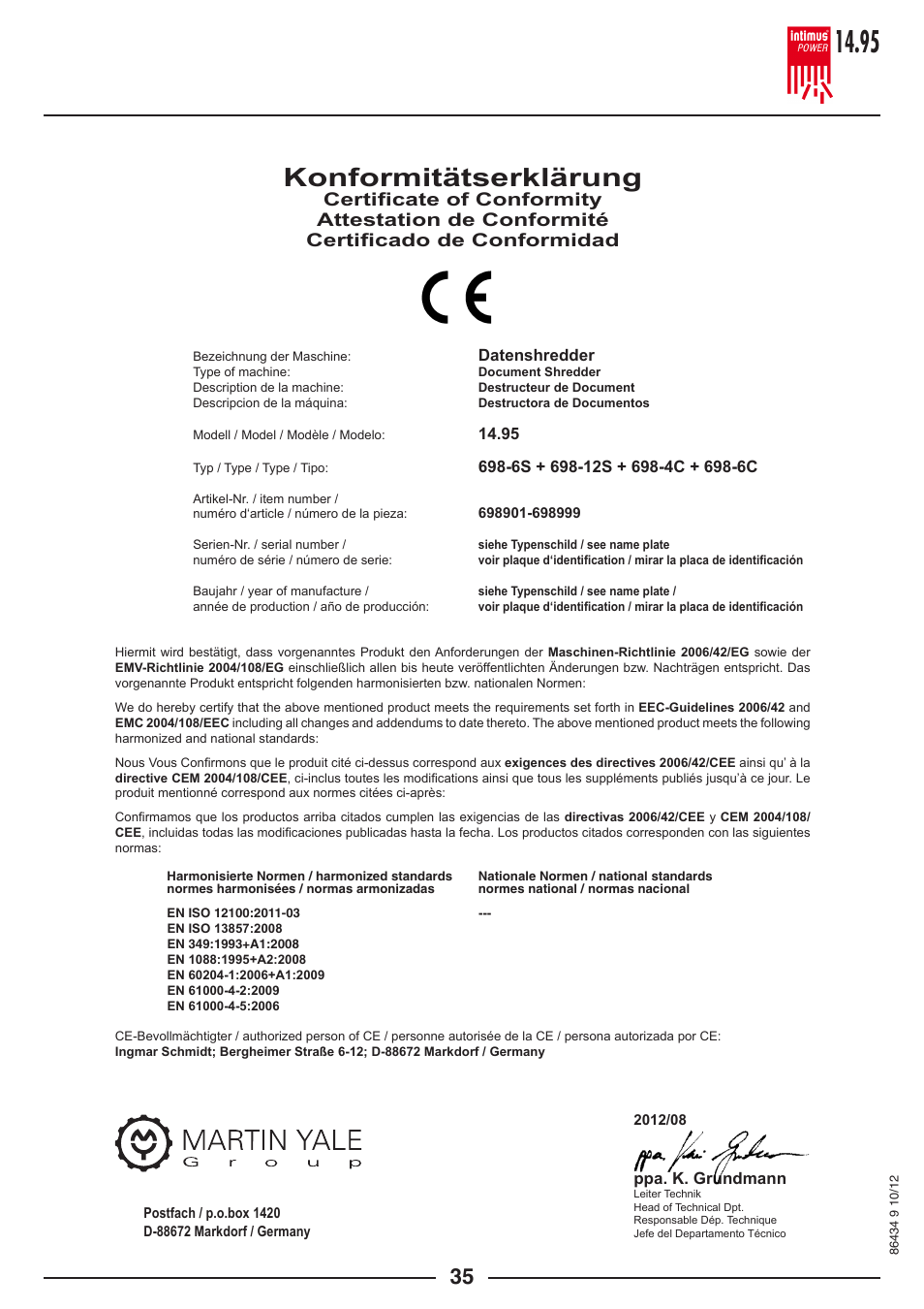Konformitätserklärung | intimus POWER 14.95 S User Manual | Page 35 / 36