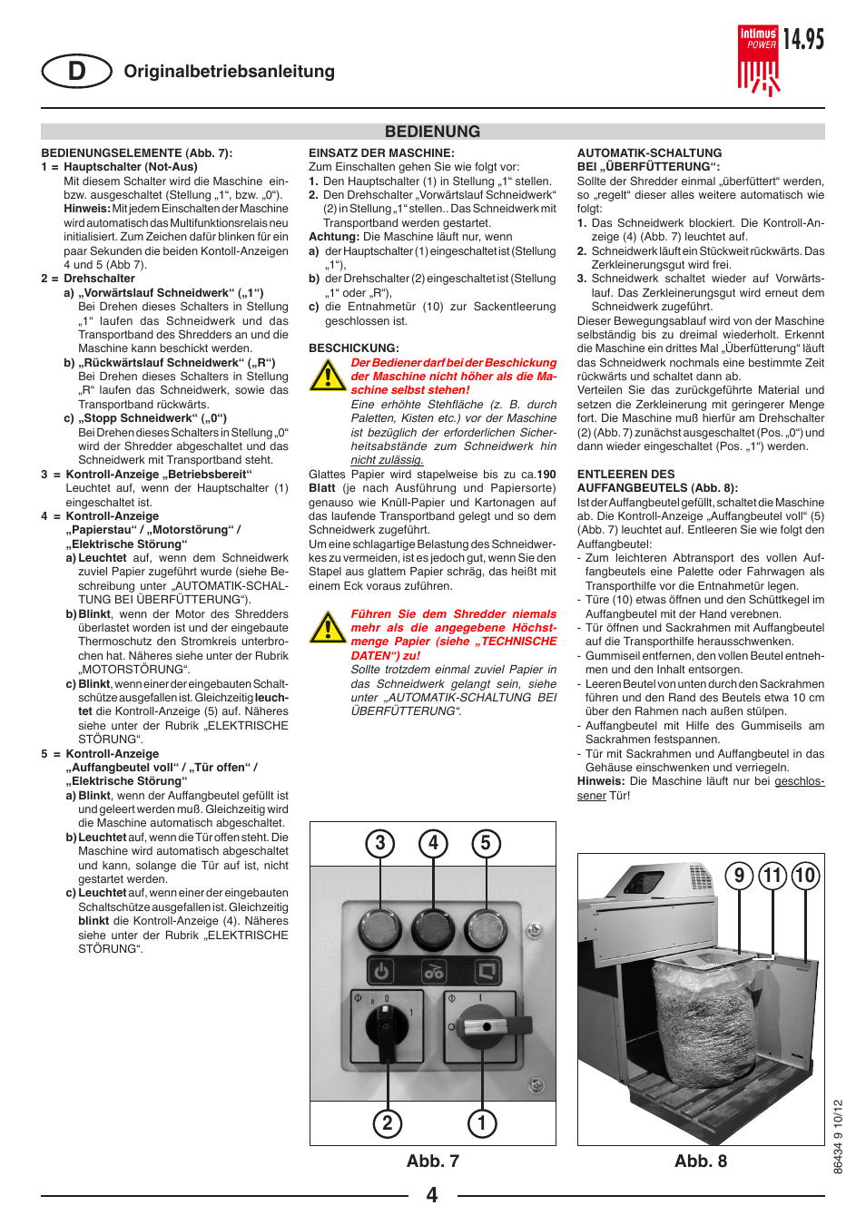 Abb. 7 abb. 8 originalbetriebsanleitung, Bedienung | intimus POWER 14.95 S User Manual | Page 4 / 36