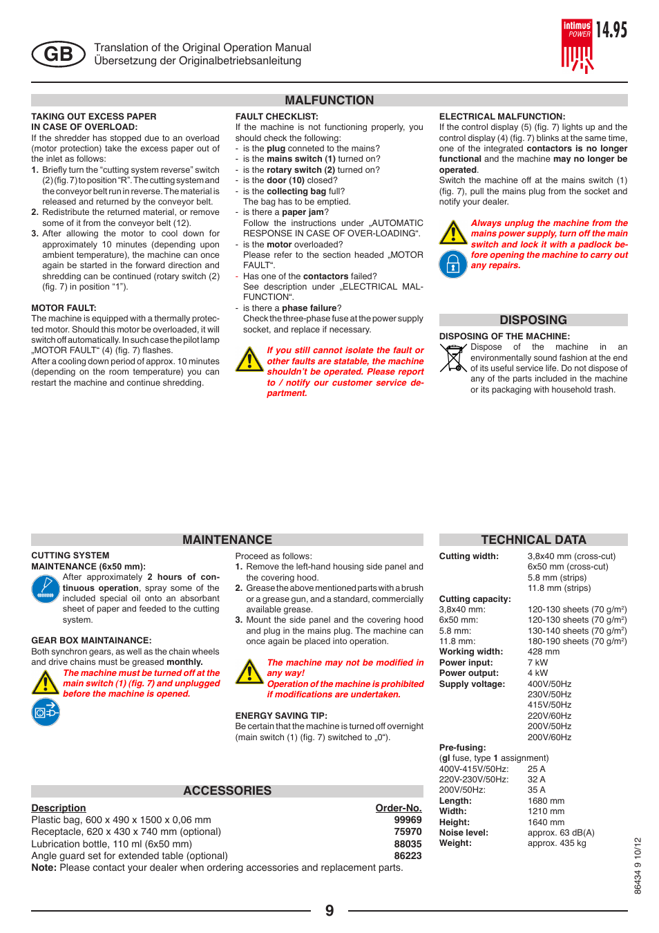 Malfunction maintenance accessories, Technical data, Disposing | intimus POWER 14.95 S User Manual | Page 9 / 36