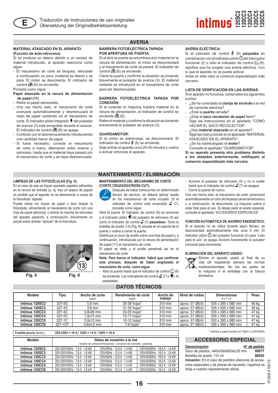 Datos técnicos accessorio especial, Mantenimiento / eliminación averia | intimus 120 CC6 User Manual | Page 16 / 56