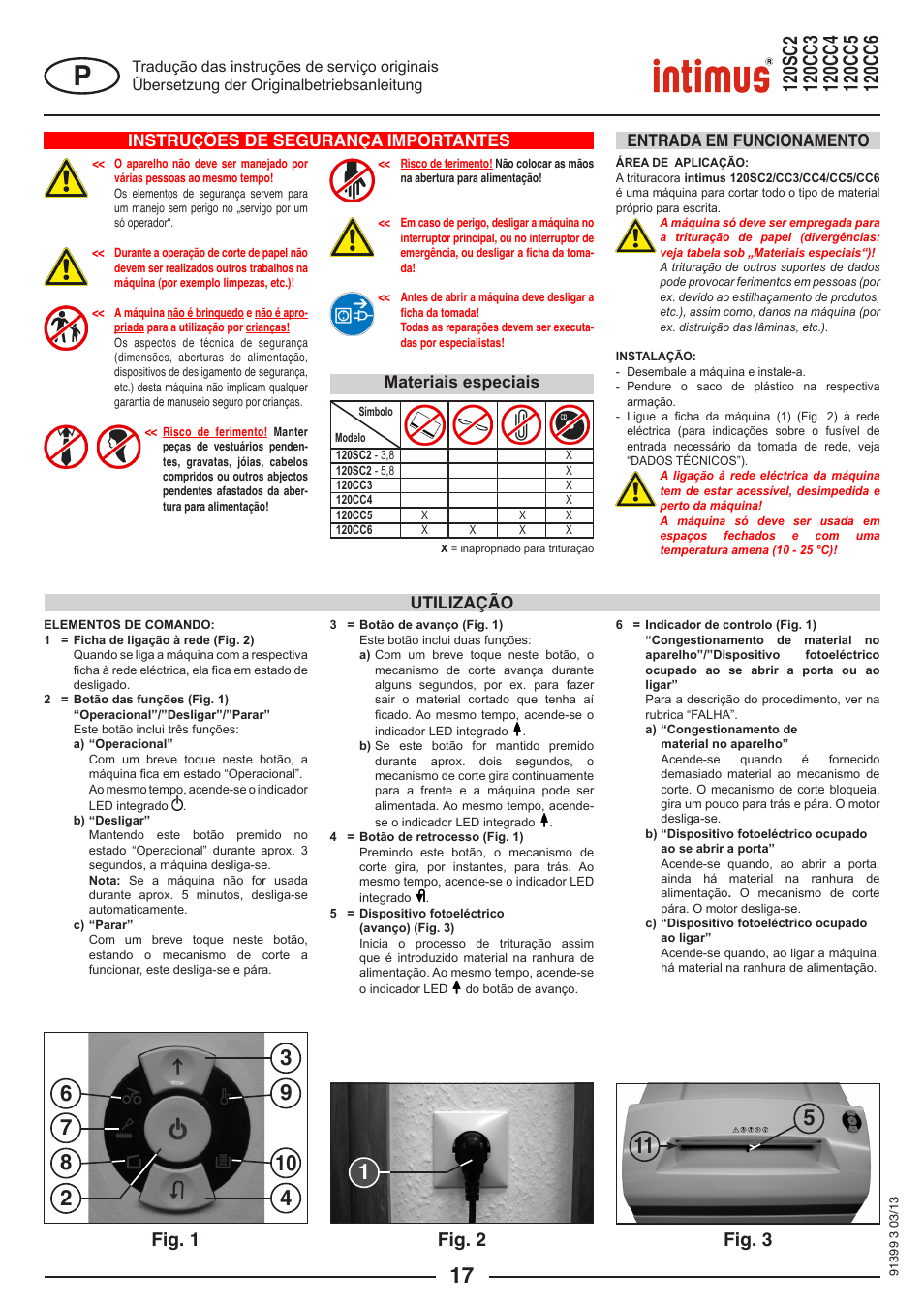 Fig. 1 fig. 2 fig. 3, Instruções de segurança importantes, Utilização entrada em funcionamento | Materiais especiais | intimus 120 CC6 User Manual | Page 17 / 56