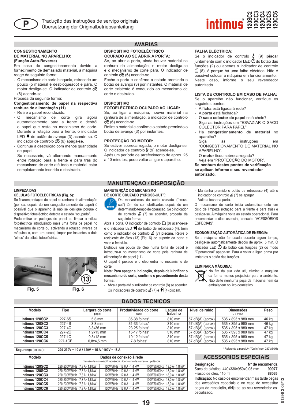 Dados tecnicos acessorios especiais, Manutençao / disposição avarias | intimus 120 CC6 User Manual | Page 19 / 56