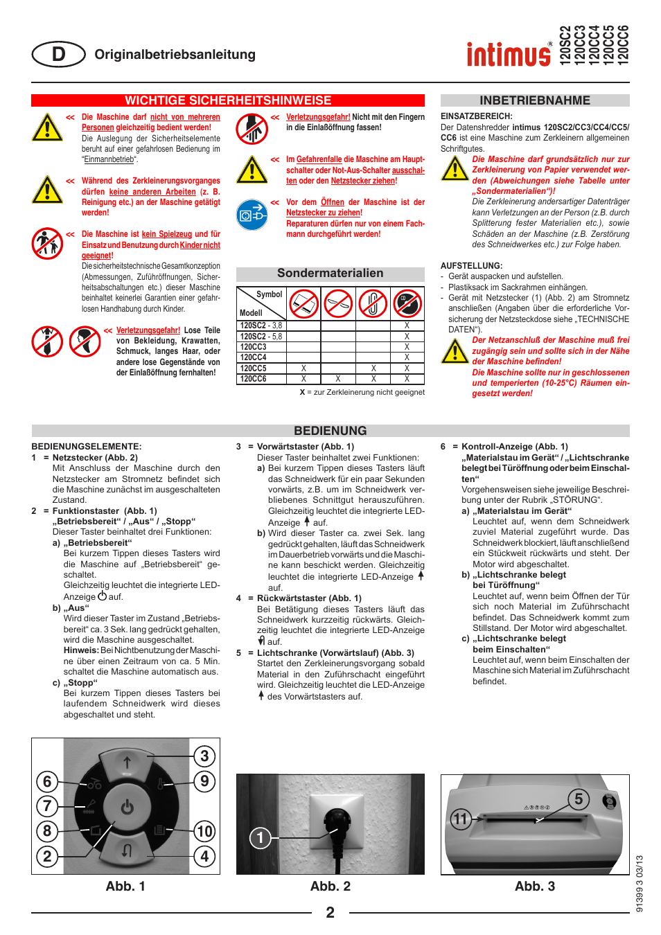 Abb. 1 abb. 2 abb. 3 originalbetriebsanleitung, Wichtige sicherheitshinweise, Inbetriebnahme | Bedienung, Sondermaterialien | intimus 120 CC6 User Manual | Page 2 / 56