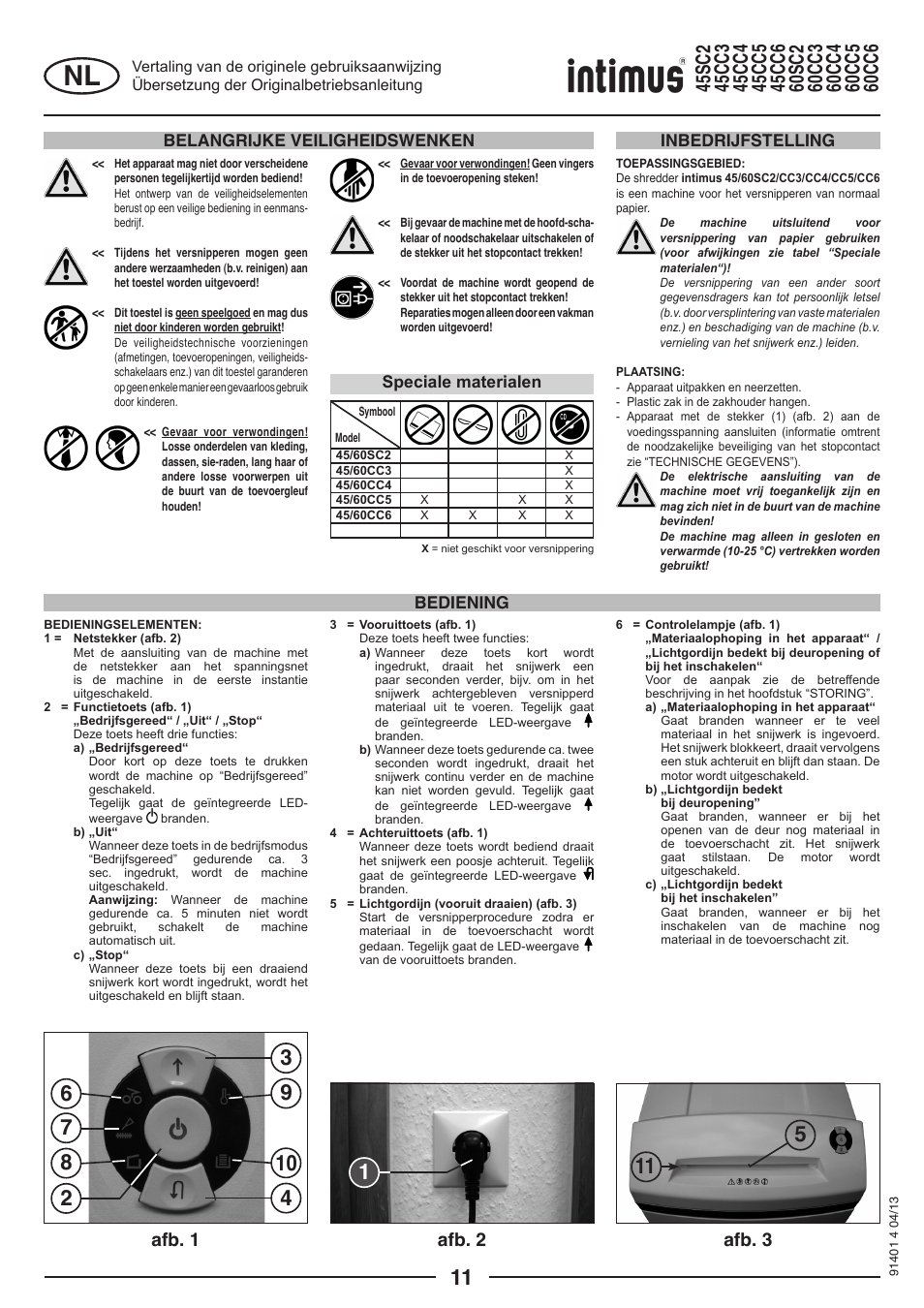 Afb. 1 afb. 2 afb. 3, Belangrijke veiligheidswenken, Inbedrijfstelling bediening | Speciale materialen | intimus 45 CC6 User Manual | Page 11 / 56