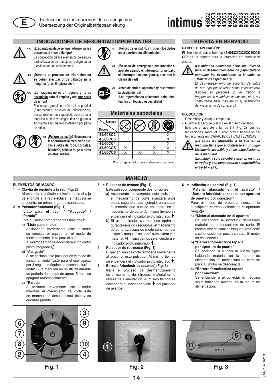 Fig. 1 fig. 2 fig. 3, Indicaciones de seguridad importantes, Materiales especiales | Manejo puesta en servicio | intimus 45 CC6 User Manual | Page 14 / 56