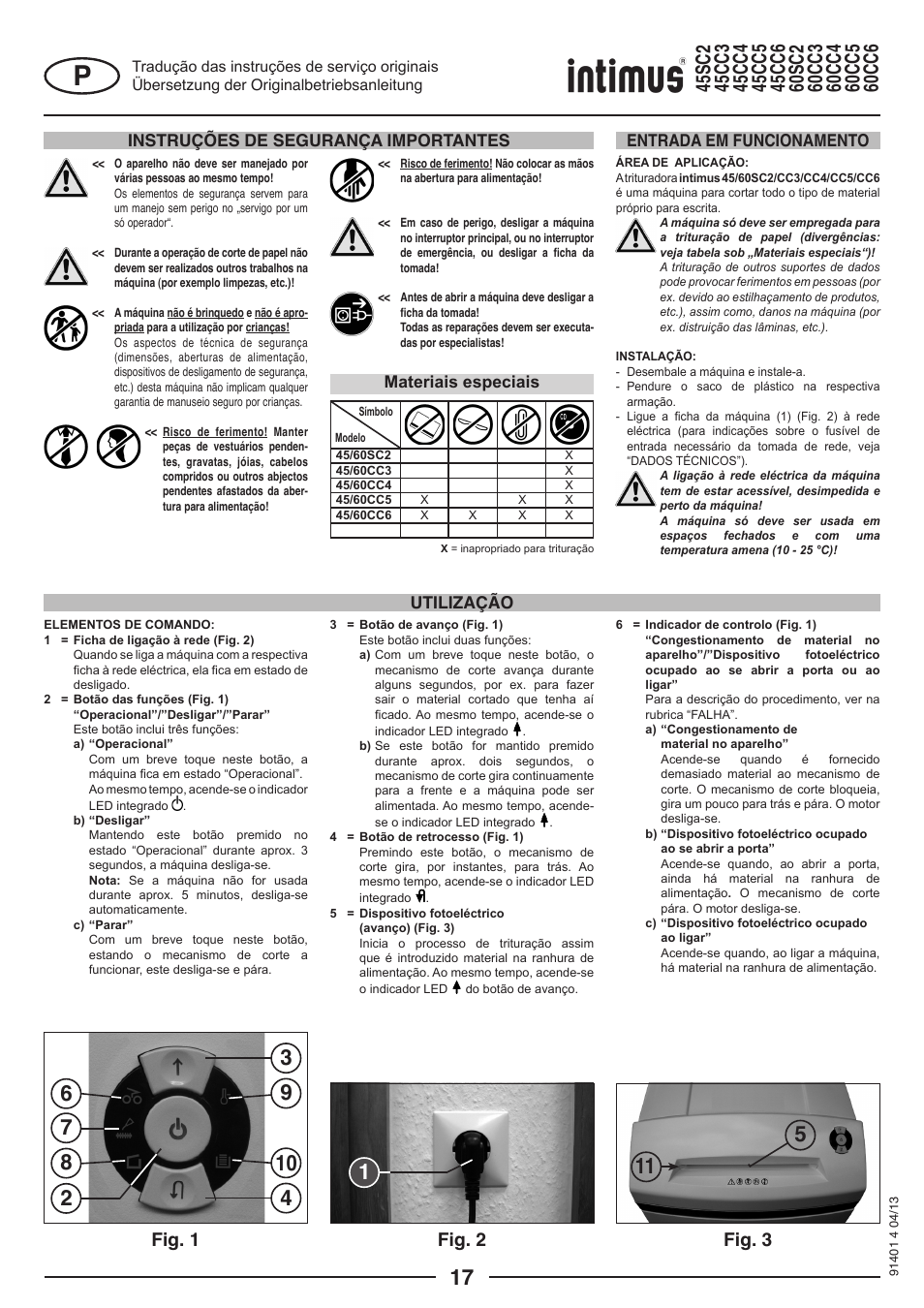 Fig. 1 fig. 2 fig. 3, Instruções de segurança importantes, Utilização entrada em funcionamento | Materiais especiais | intimus 45 CC6 User Manual | Page 17 / 56