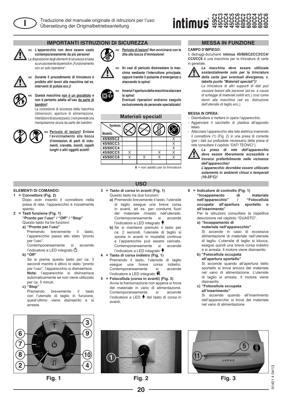 Fig. 1 fig. 2 fig. 3, Importanti istruzioni di sicurezza, Uso messa in funzione | Materiali speciali | intimus 45 CC6 User Manual | Page 20 / 56