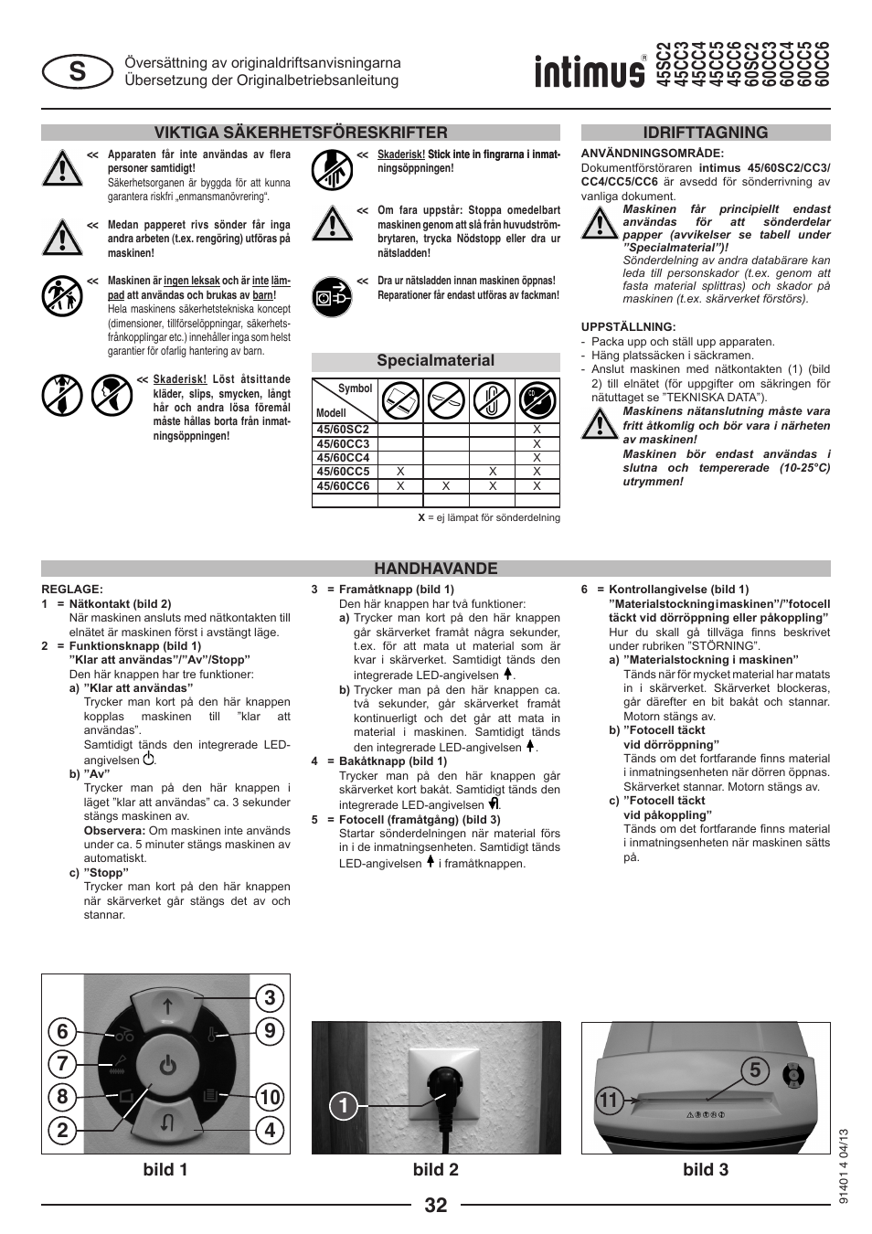 Bild 1 bild 2 bild 3, Viktiga säkerhetsföreskrifter, Handhavande idrifttagning | Specialmaterial | intimus 45 CC6 User Manual | Page 32 / 56