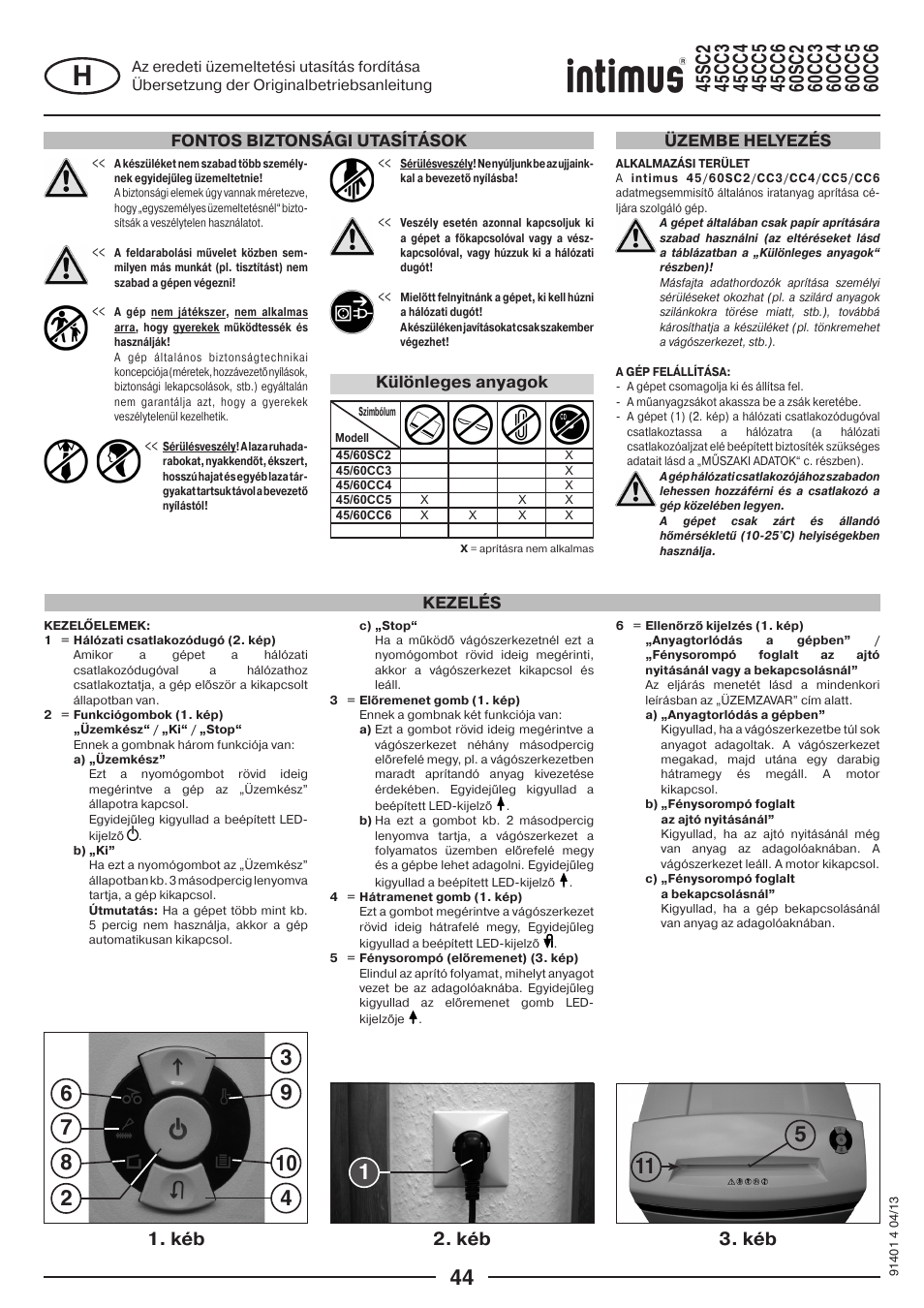 Kéb 2. kéb 3. kéb, Fontos biztonsági utasítások, Kezelés üzembe helyezés | Különleges anyagok | intimus 45 CC6 User Manual | Page 44 / 56