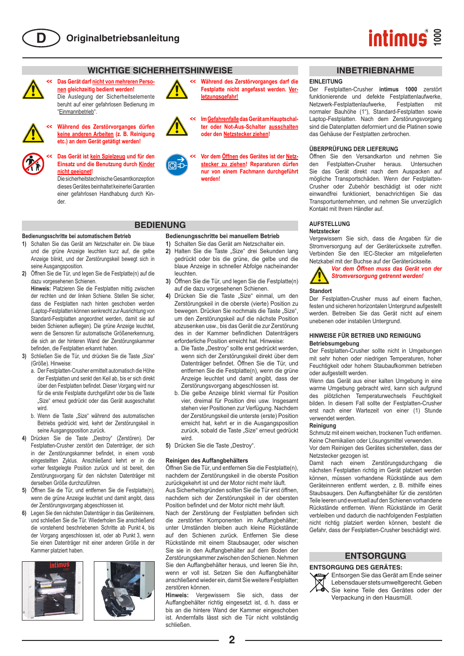 Originalbetriebsanleitung, Inbetriebnahme, Entsorgung wichtige sicherheitshinweise | Bedienung | intimus Crusher 1000 User Manual | Page 2 / 12