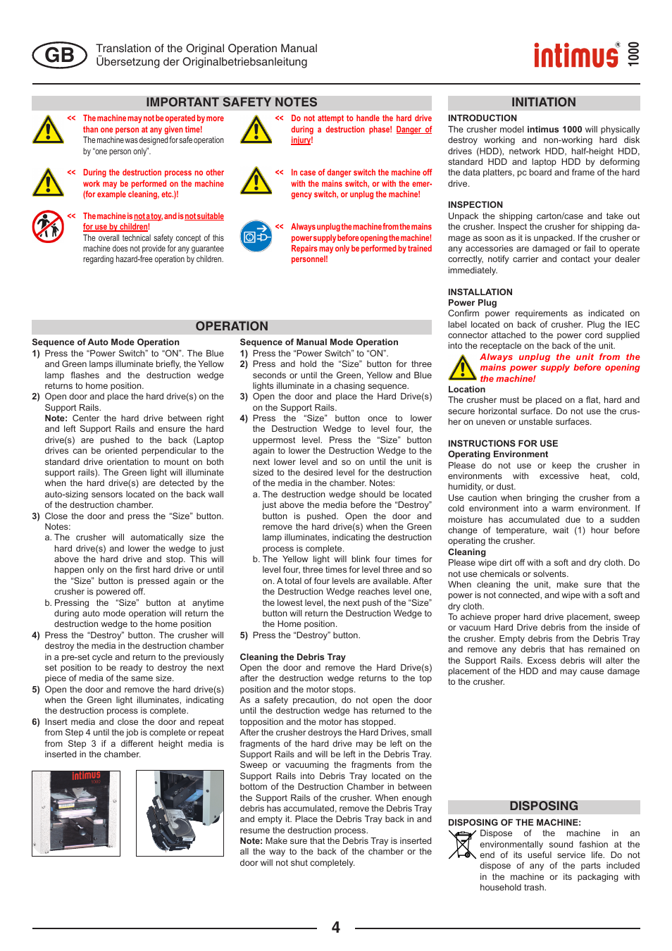 Initiation, Disposing, Operation | intimus Crusher 1000 User Manual | Page 4 / 12