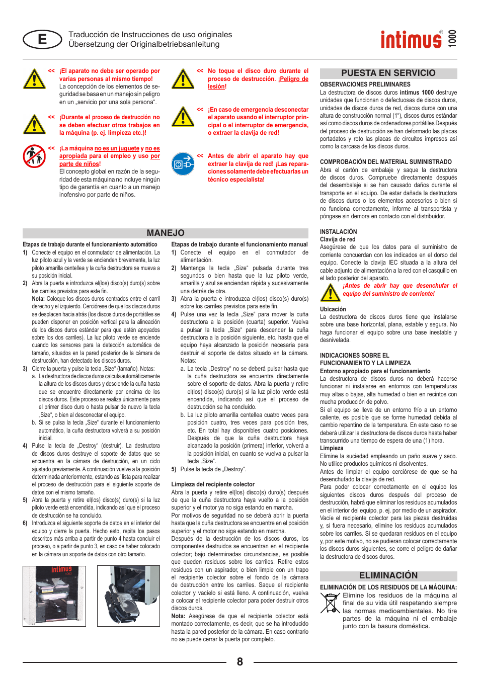 Puesta en servicio manejo, Eliminación | intimus Crusher 1000 User Manual | Page 8 / 12