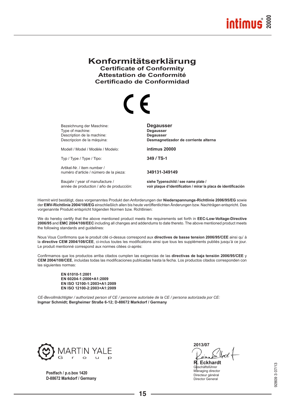 Konformitätserklärung | intimus Degausser 20000 User Manual | Page 15 / 16