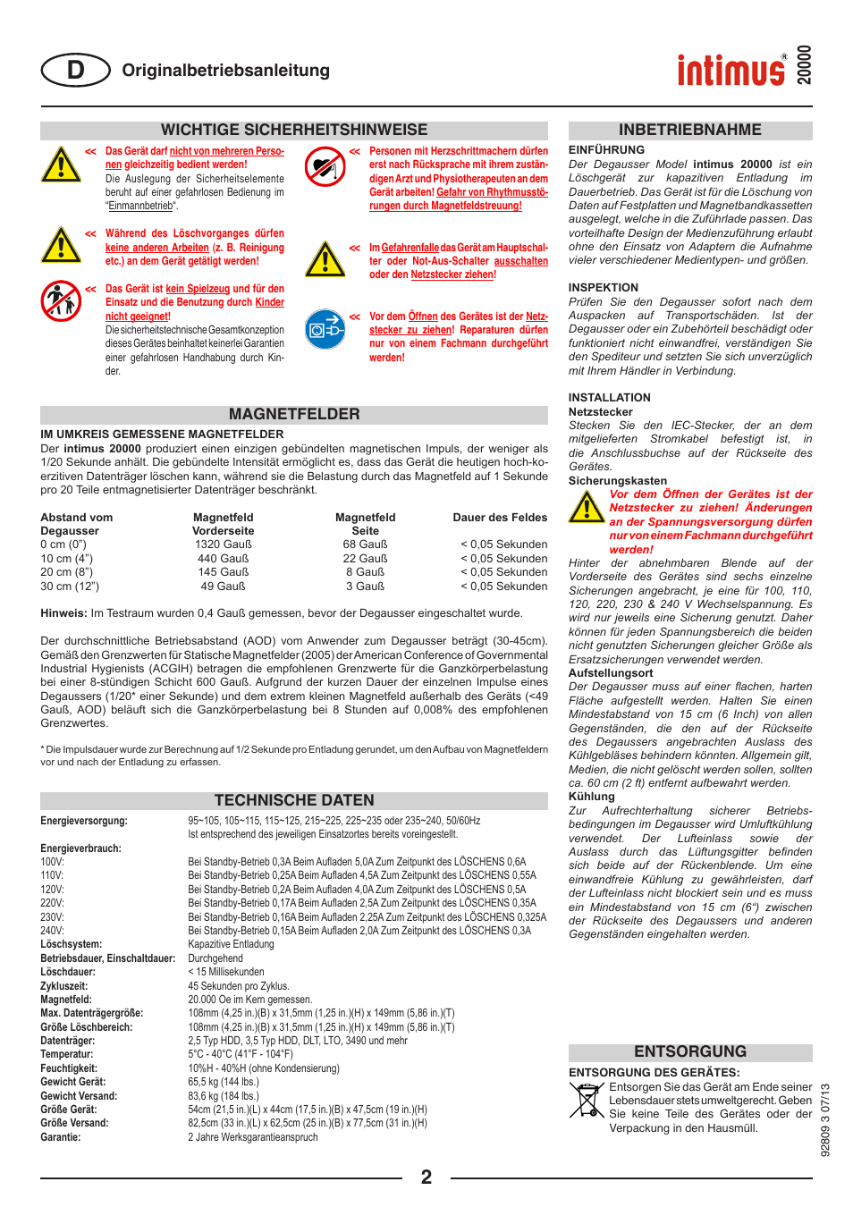 Originalbetriebsanleitung, Wichtige sicherheitshinweise inbetriebnahme, Magnetfelder technische daten | Entsorgung | intimus Degausser 20000 User Manual | Page 2 / 16