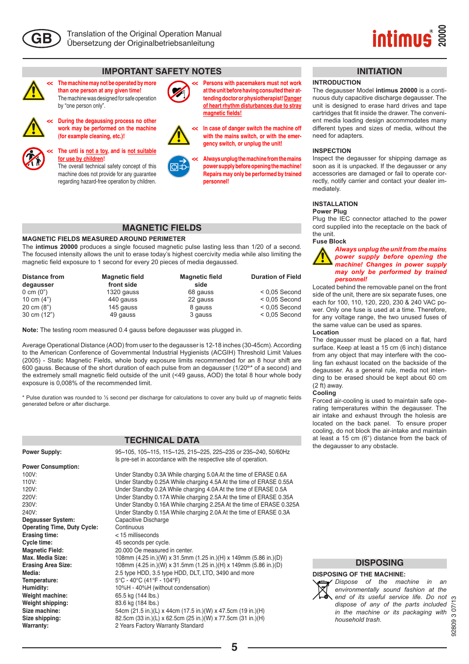 Magnetic fields, Technical data, Disposing | intimus Degausser 20000 User Manual | Page 5 / 16