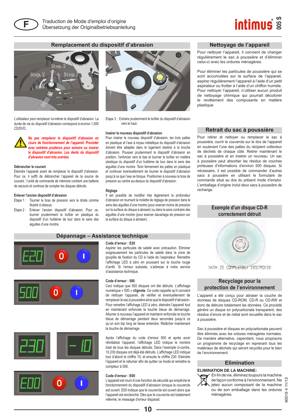 005 s, Elimination, Remplacement du dispositif d’abrasion | Nettoyage de l’appareil retrait du sac à poussière, Dépannage – assistance technique, Recyclage pour la protection de l’environnement, Exemple d’un disque cd-r correctement détruit | intimus Data Grinder 005S User Manual | Page 10 / 20