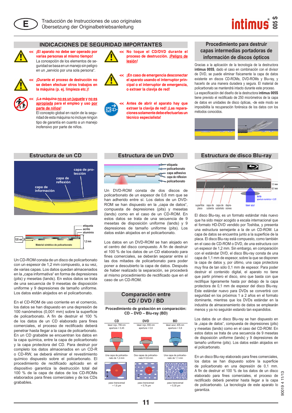 005 s, Indicaciones de seguridad importantes, Estructura de un cd | Estructura de un dvd estructura de disco blu-ray, Comparación entre cd / dvd / bd | intimus Data Grinder 005S User Manual | Page 11 / 20