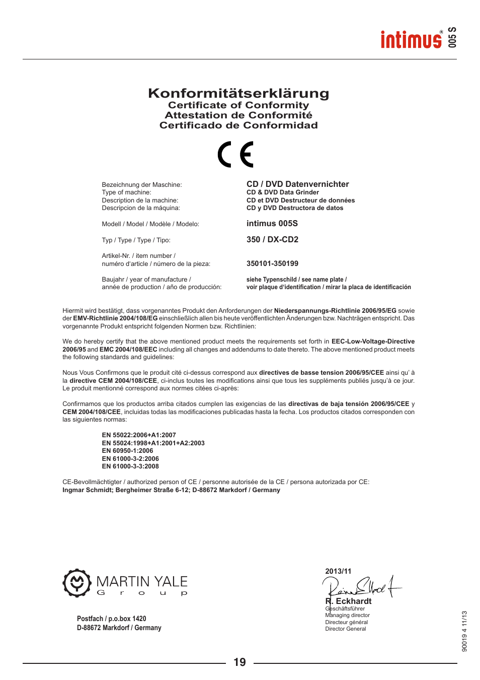 Konformitätserklärung, 005 s | intimus Data Grinder 005S User Manual | Page 19 / 20