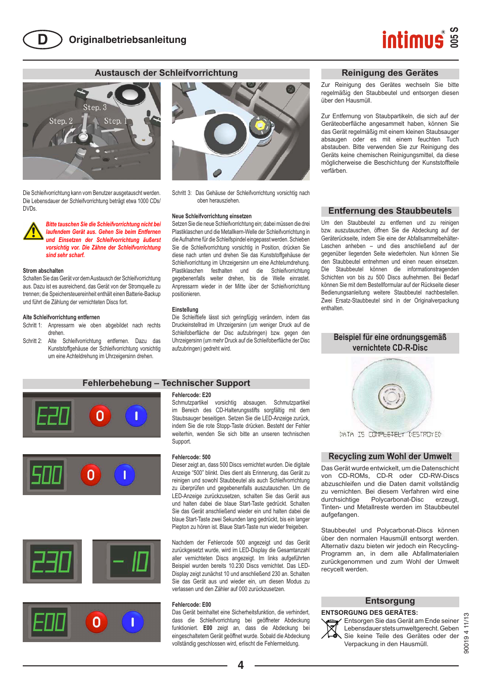 005 s, Originalbetriebsanleitung, Entsorgung austausch der schleifvorrichtung | Reinigung des gerätes entfernung des staubbeutels, Fehlerbehebung – technischer support, Recycling zum wohl der umwelt | intimus Data Grinder 005S User Manual | Page 4 / 20