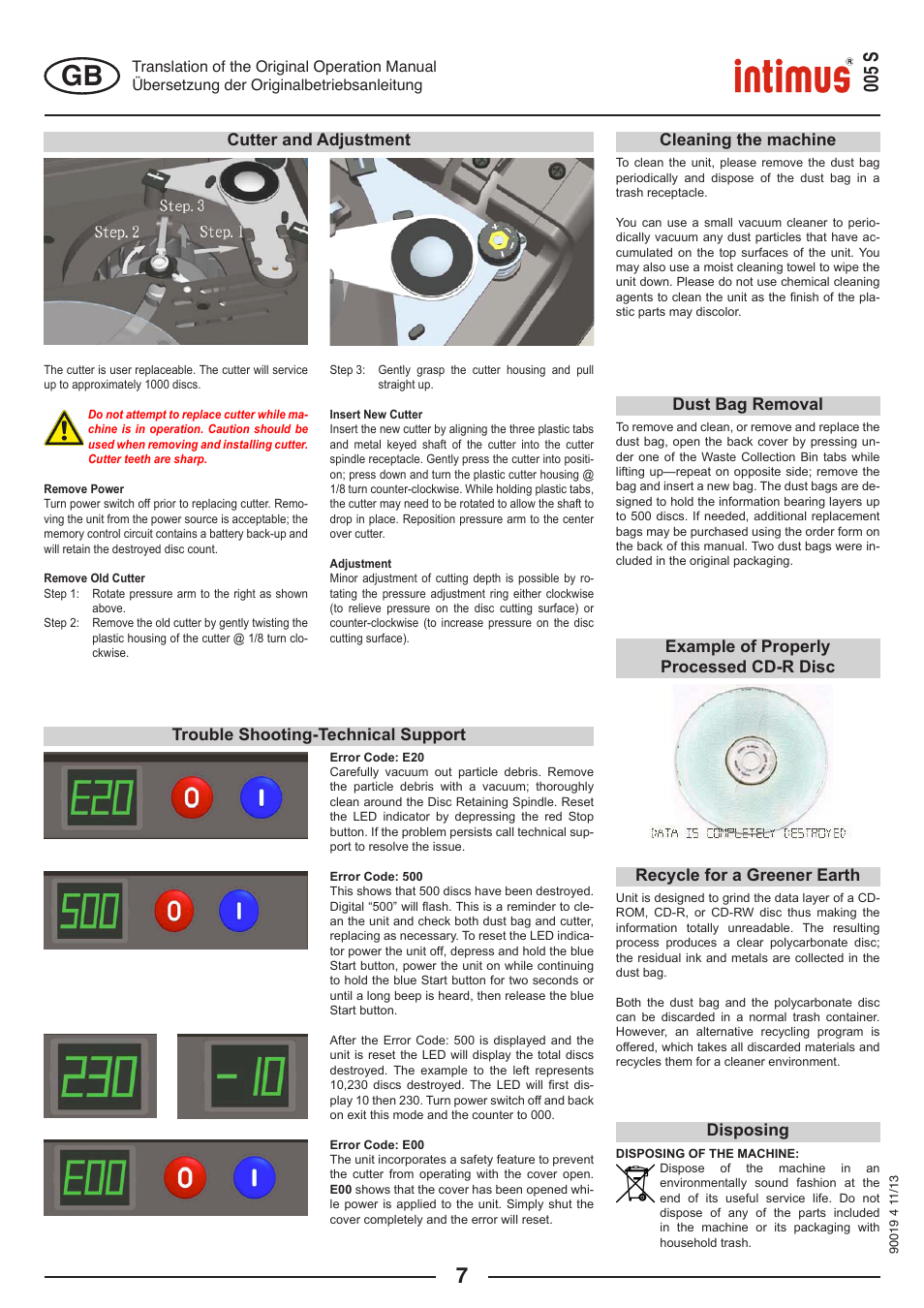 005 s, Disposing cutter and adjustment, Cleaning the machine dust bag removal | Trouble shooting-technical support, Recycle for a greener earth, Example of properly processed cd-r disc | intimus Data Grinder 005S User Manual | Page 7 / 20