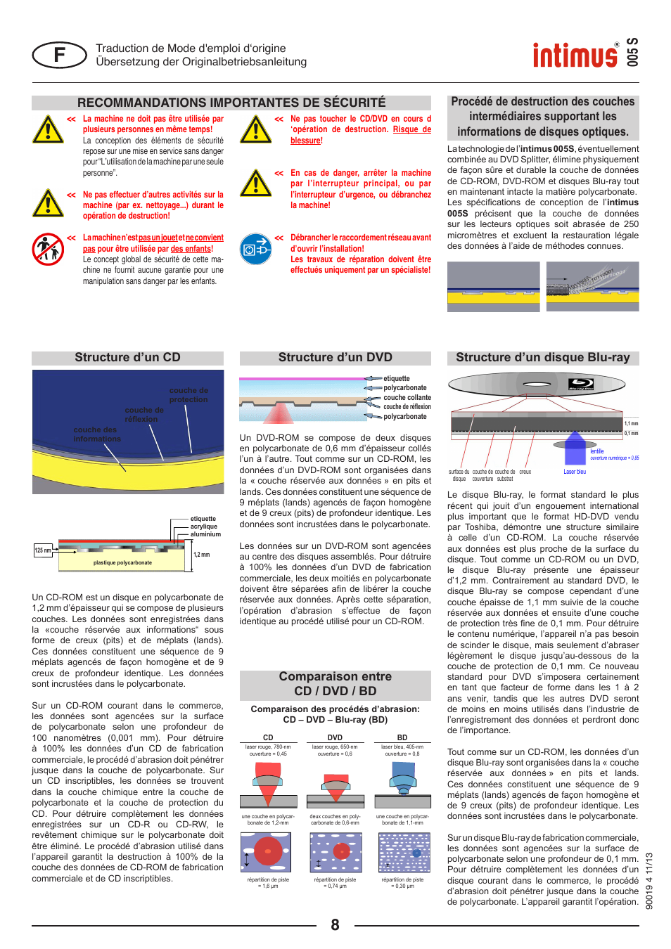 005 s, Recommandations importantes de sécurité, Structure d’un cd | Structure d’un dvd structure d’un disque blu-ray, Comparaison entre cd / dvd / bd | intimus Data Grinder 005S User Manual | Page 8 / 20