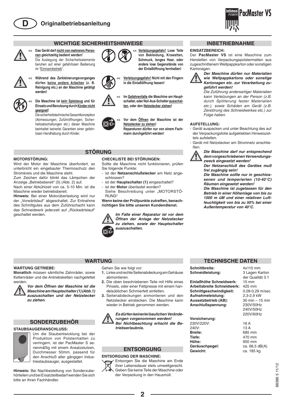 Pacmaster vs, Originalbetriebsanleitung, Wichtige sicherheitshinweise | Inbetriebnahme störung technische daten, Wartung, Entsorgung, Sonderzubehör | intimus PacMaster S User Manual | Page 2 / 36